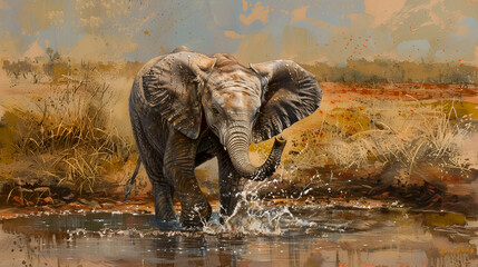 Fototapeta premium Elephant splashing in waterhole painting with a dry grassy background in a wildlife scene