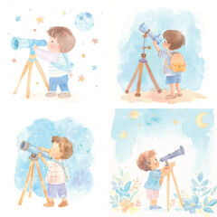 Cute Kid Looking Through Telescope Clipart Bundle

