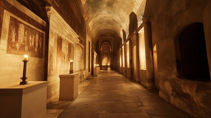 Fototapeta premium Long, arched hallway with lit candles and wall paintings, bathed in warm light