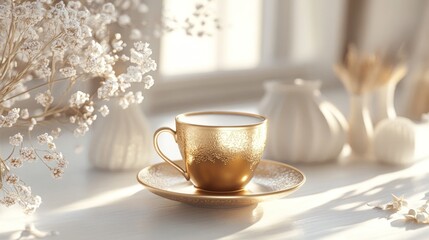 Fototapeta premium Golden teacup on a windowsill, bathed in sunlight, with delicate white flowers