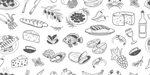 Seamless pattern of hand drawn simple mediterranean food. Fish seafood cheese olives bread. Background for cafe or restaurant menu.