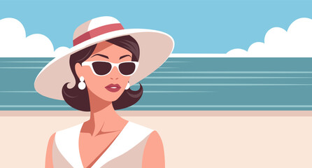 Woman in hat and sunglasses on the beach. Summer time, vacation and travel concept. Illustration.