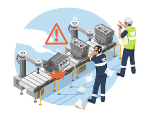 Production line malfunction causes potential damage to engine parts during automated manufacturing process in industrial factory cartoon isometric