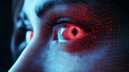 Close-up of a person's eye with futuristic, digital overlay