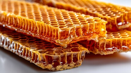 Obraz premium Close-up view of several honeycombs, golden yellow, and sticky.