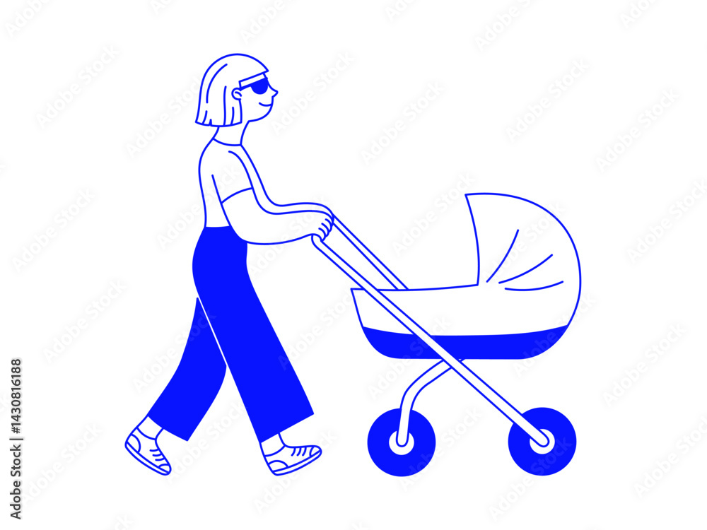 Aufkleber woman walking with a stroller, vector logo design template and graphic elements for advertising; bra