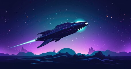 abstract background vector, silhouette of a spaceship flying in space with dark blue and purple dots on a gradient, simple design