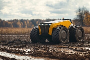 Obraz premium A robotic tractor rolls through a muddy field