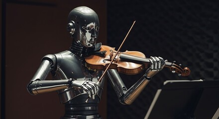 Naklejka premium Robot Playing Violin with Sheet Music Stands Showing Ai Artistry