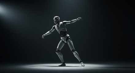 Obraz premium Robot in Motion Futuristic Concept - Artificial Intelligence Performing Pose