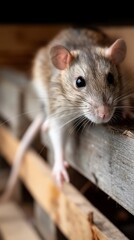 Close-up of a pet rat resting on wooden crate