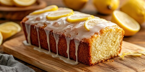 A moist lemon loaf cake with a glossy lemon glaze drizzled over the top, served on a wooden cutting board