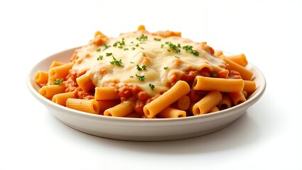 Baked ziti with cheese crust served golden brown on clean white background for pasta meal