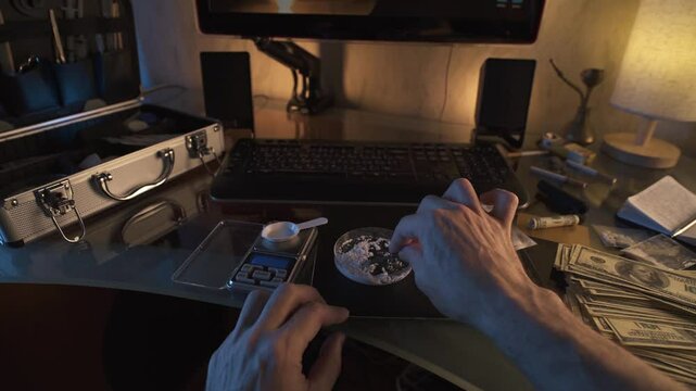 Man packaging white powder. Drug trafficking and distribution. Point of view shot.