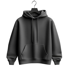 Casual black hoodie hanging on a black coat hanger in a minimalistic setting