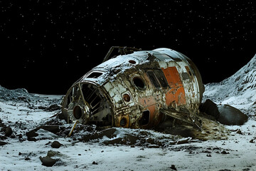 A derelict lunar spacecraft lies abandoned on a dusty, cratered moon surface.