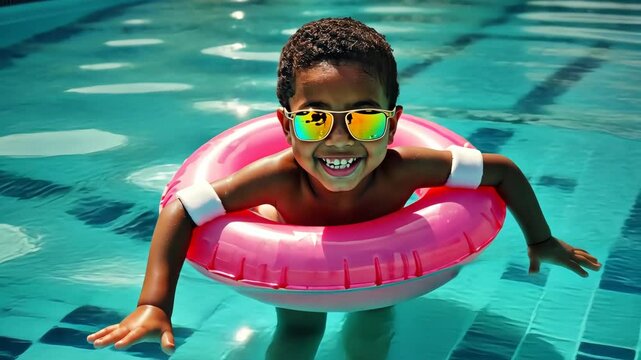 Smiling boy in sunglasses floating in a pool with an inflatable ring and armbands on a sunny day. Top view