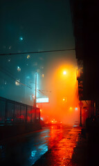 Atmospheric city street at twilight bathed in a surreal glow evokes mystery and introspection