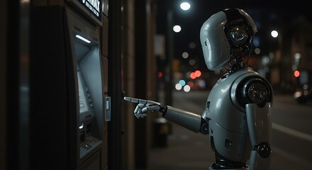 Robot Using Atm Machine on City Street at Night
