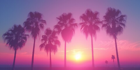 A neon-lit vaporwave scene with palm trees, retro 80s synthwave vibes, and a sunset gradientv