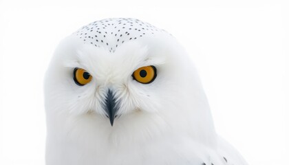 Obraz premium Close Up Portrait of a Snowy Owl Against White Background