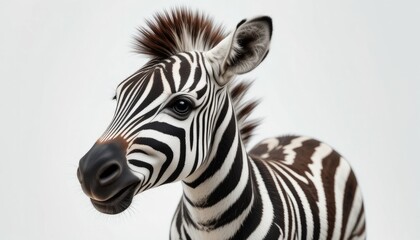 Fototapeta premium Close-Up Portrait of a Young Zebra Against White Background