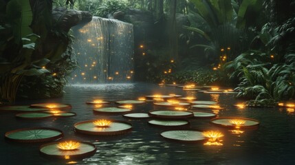 Magical Jungle Waterfall with Glowing Lilies and Fireflies
