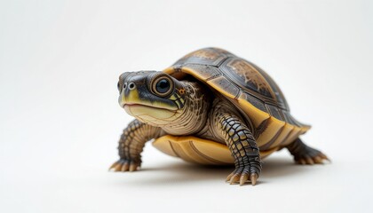 Closeup of a Small Brown and Yellow Turtle on White Background