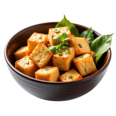 Fried Tofu in Chinese-Style Bowl on Transparent Background