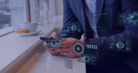 Mature man analyzing technology data on smartphone by window counter, showing floating data charts - Powered by Adobe