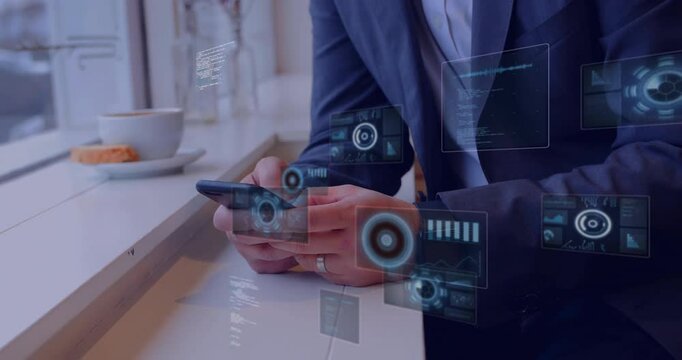 Mature man analyzing technology data on smartphone by window counter, showing floating data charts - Powered by Adobe