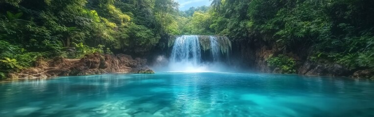 Fototapeta premium Waterfall in a Lush Jungle with Turquoise Waters