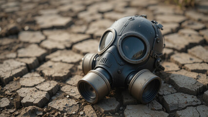 A dark gray gas mask lies on cracked, dry earth, evoking a sense of environmental crisis and struggle for survival.