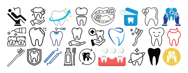 Set of Dental, Oral Health, Teeth cleaning, Braces, Oro Dental Health and Dental care icon set collection vector design.