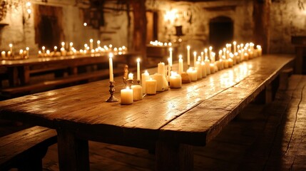 Candlelit Feast Warm glow of candles on a rustic wooden table in a medieval hall
