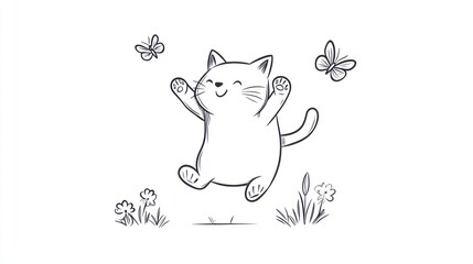 Playful cat jumping in a field with butterflies
