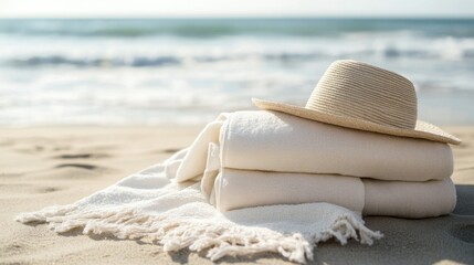 Beach towels and straw hat