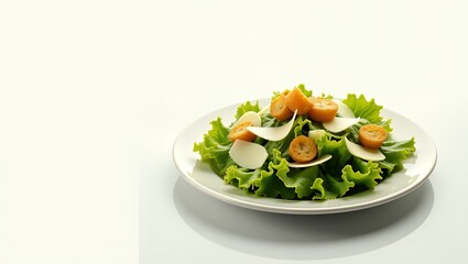 Classic Caesar salad with parmesan and croutons served fresh on white background