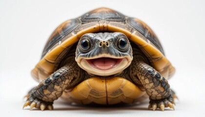 Obraz premium Cute Smiling Turtle with Yellow Shell on White Background