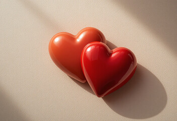 Fototapeta premium Red hearts with soft light on beige backdrop