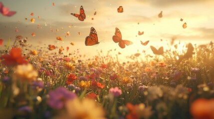 Orange Butterflies Flying Over Colorful Wildflower Meadow at Sunset