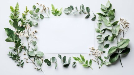Naklejka premium Green Leaves and Flowers Frame on White Background