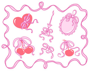 Hand-drawn coquette elements set for wedding invitation, birthday card. Cute girly cherry with bows, hearts, ribbons, candle, medallion. Vintage elegant vector illustration 