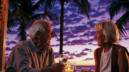 Elderly man shares meaningful conversation with young boy at sunset on pier generation bond legacy family wisdom summer evening inspiration vibrant tropical backdrop