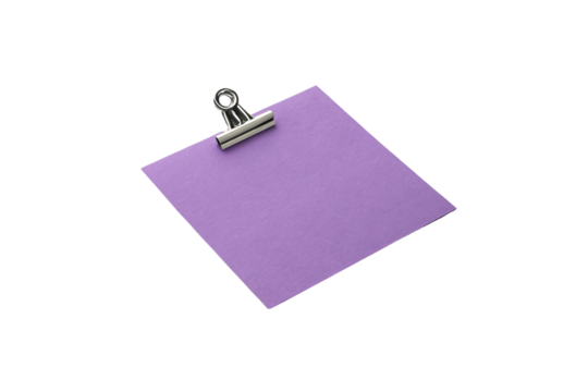 A purple note clipped by a sleek metal clip, ideal for displaying reminders or labels, isolated on a transparent background