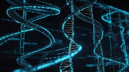 Abstract View of Multiple Glowing Blue DNA Genetic Code Strands