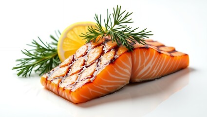 Grilled salmon fillet with fresh lemon and dill on clean white background served healthy meal
