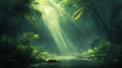 Sunlit Rainforest Path, Lush Green Tropical Forest