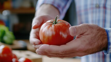 Man holding a fresh tomato.