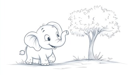 Cute elephant sketch near tree